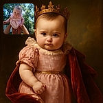A chubby-cheeked baby in a pink checkered outfit is being playfully held up in the air outdoors, surrounded by lush green trees and a bright blue sky, with an expression that says 'What now?'
