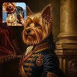 A tiny Yorkshire terrier stands proudly by the water like a windblown captain of the marina, sporting a red collar, magnificent ear antennas, and enough flowing fur to qualify as its own weather system. The image is sharp and colorful, though phone status icons and app controls appear over the screenshot.