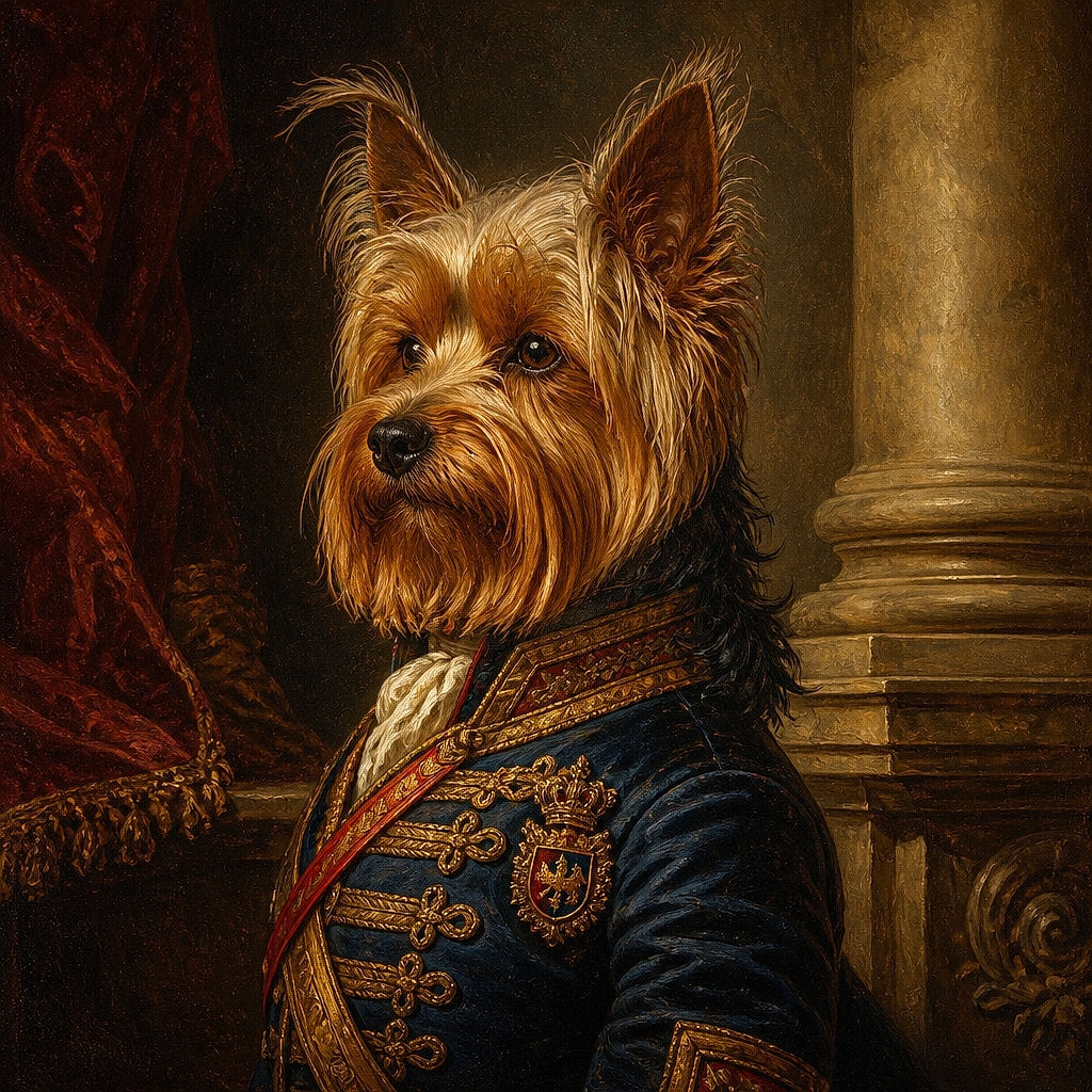 A tiny Yorkshire terrier stands proudly by the water like a windblown captain of the marina, sporting a red collar, magnificent ear antennas, and enough flowing fur to qualify as its own weather system. The image is sharp and colorful, though phone status icons and app controls appear over the screenshot.