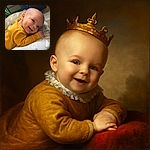 A joyful baby dressed in a mustard yellow outfit is lying on a cloud-patterned cushion, flashing a charming smile that could melt the coldest heart. The soft lighting highlights the baby's smooth skin and twinkling eyes, making the scene feel warm and cozy.