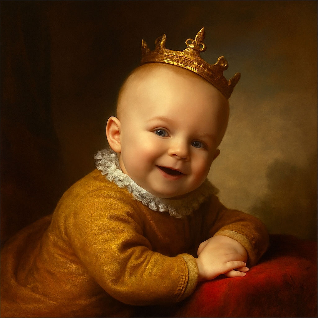 A joyful baby dressed in a mustard yellow outfit is lying on a cloud-patterned cushion, flashing a charming smile that could melt the coldest heart. The soft lighting highlights the baby's smooth skin and twinkling eyes, making the scene feel warm and cozy.