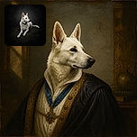 A majestic white dog lounges in a dramatic black studio setting, looking off to the side like it has just heard an important rumor from the canine council. A few tufts of grass add a tiny touch of wilderness beneath its very serious portrait.