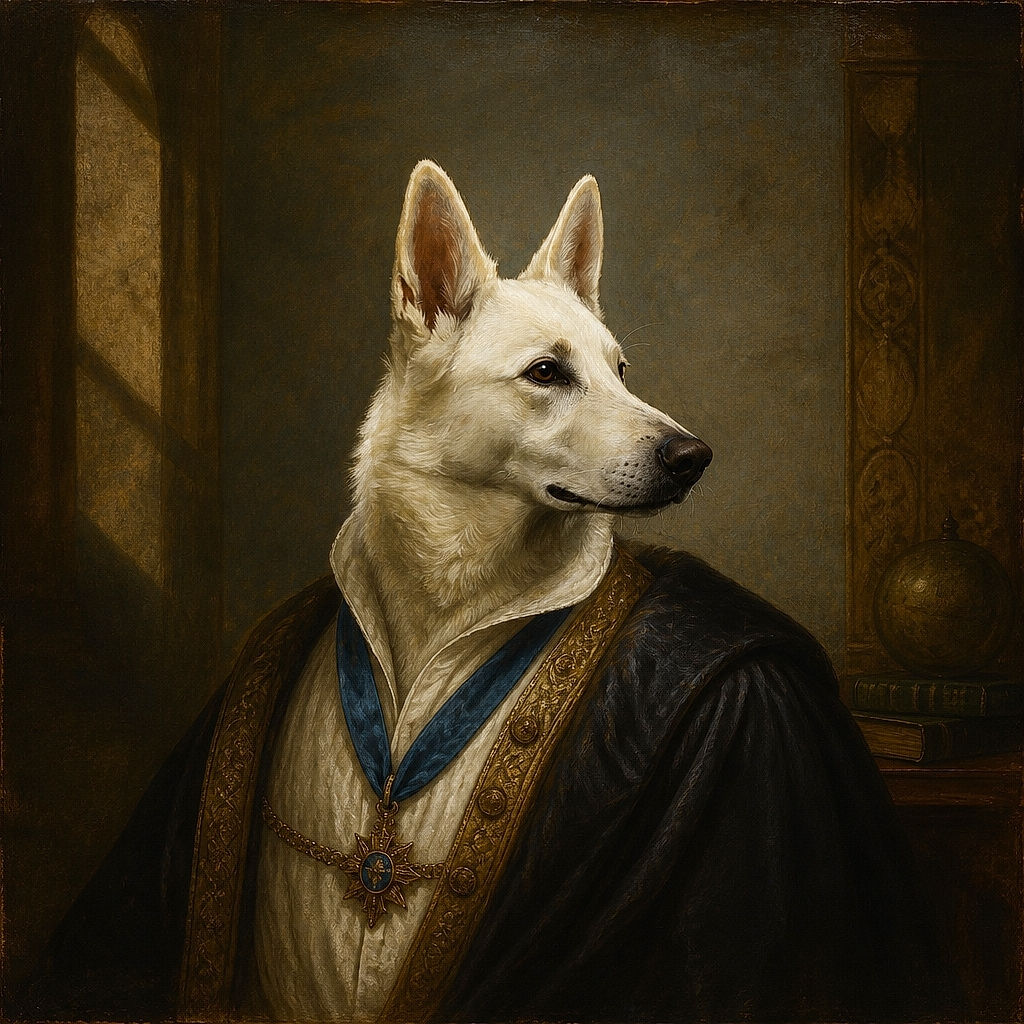 A majestic white dog lounges in a dramatic black studio setting, looking off to the side like it has just heard an important rumor from the canine council. A few tufts of grass add a tiny touch of wilderness beneath its very serious portrait.