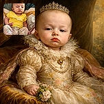 A curious baby with a furrowed brow and pursed lips is lounging on a cozy, colorful blanket, dressed in a bright yellow shirt and floral pants, looking like they're deep in thought or plotting their next adorable mischief.