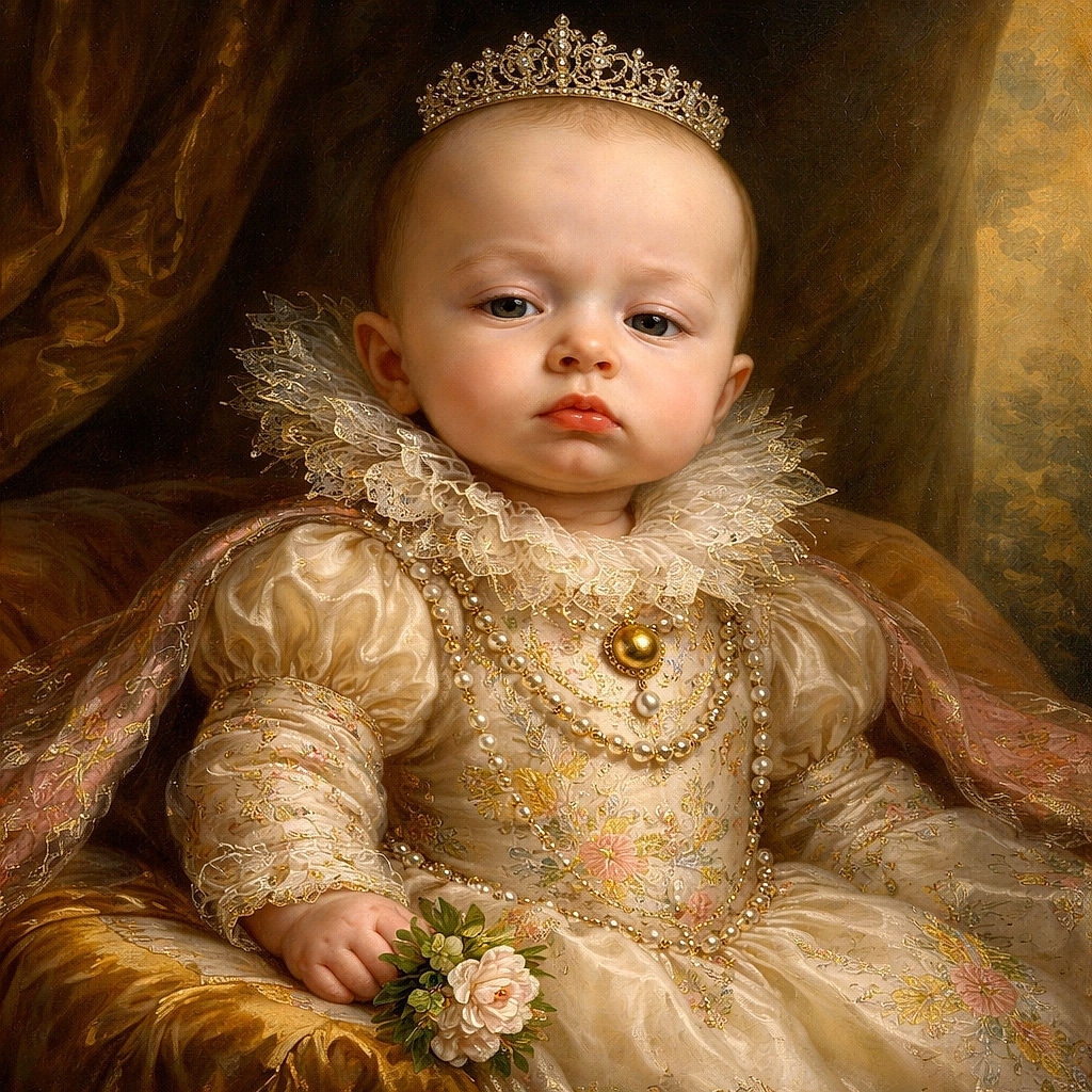 A curious baby with a furrowed brow and pursed lips is lounging on a cozy, colorful blanket, dressed in a bright yellow shirt and floral pants, looking like they're deep in thought or plotting their next adorable mischief.