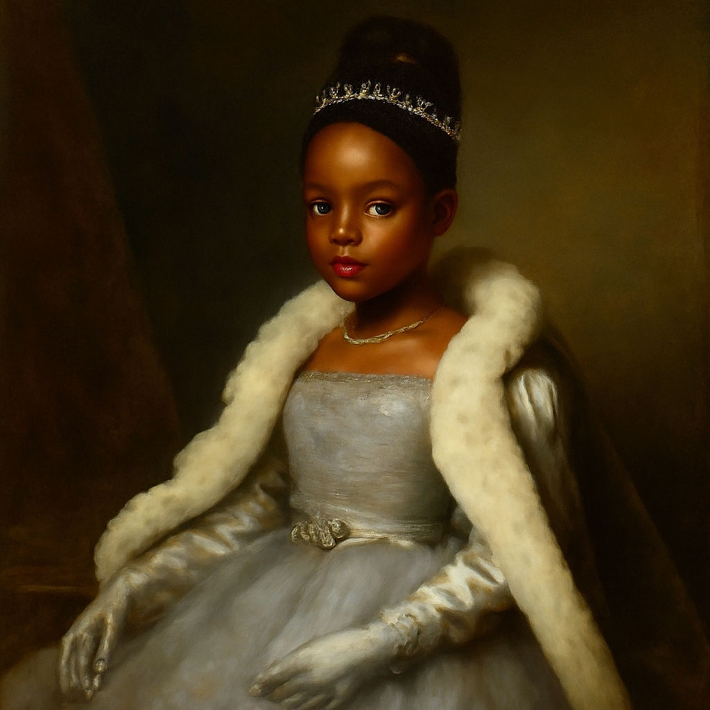 A young girl dressed like a princess sits gracefully on wooden steps, wearing a sparkling silver dress, white gloves, and a faux fur shawl, with shiny golden balloons clustered behind her, creating a regal and festive atmosphere.