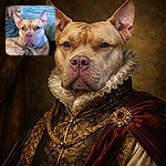 A close-up portrait of a serious-looking dog with large ears, sitting indoors near a rustic wooden table with cozy blankets blurred in the background, capturing a moment of quiet curiosity.