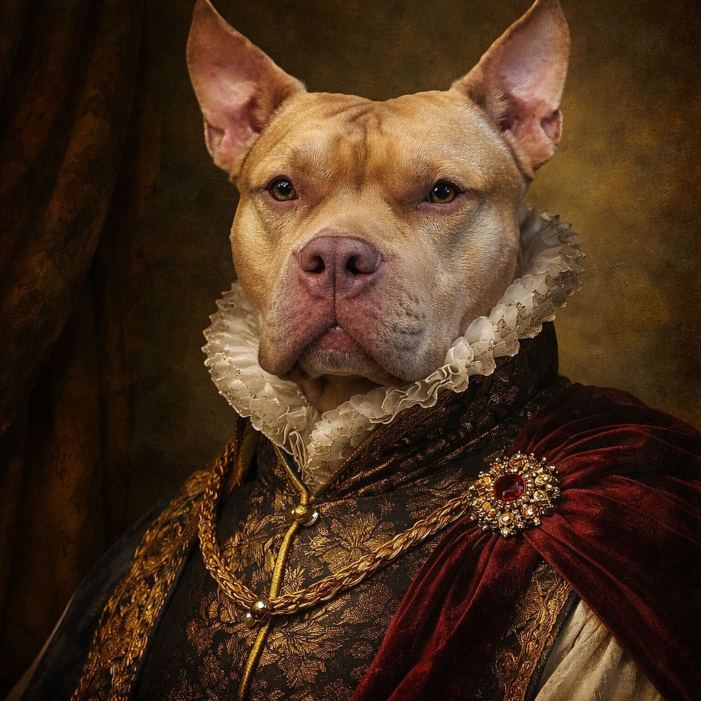A close-up portrait of a serious-looking dog with large ears, sitting indoors near a rustic wooden table with cozy blankets blurred in the background, capturing a moment of quiet curiosity.