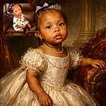 A cute young child with purple bows in her hair sits on a brown leather chair wearing a colorful Mickey Mouse patterned dress and fuzzy black slippers, looking up with a curious and gentle expression.