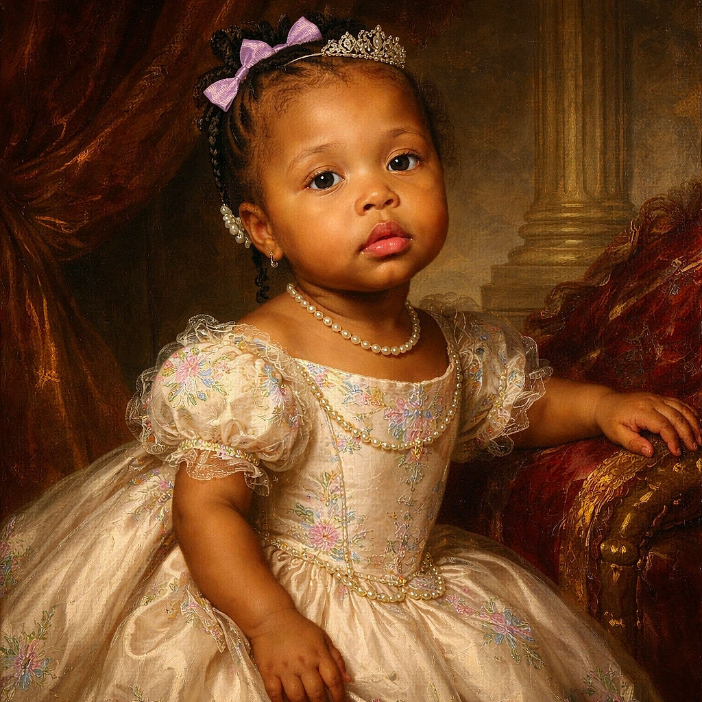 A cute young child with purple bows in her hair sits on a brown leather chair wearing a colorful Mickey Mouse patterned dress and fuzzy black slippers, looking up with a curious and gentle expression.