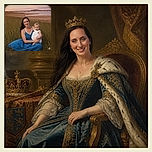 A smiling mother in a flowing blue dress poses with her serious-looking little co-star in a white outfit, surrounded by seaside marsh grass and a calm sunset shoreline. The baby appears to be giving the camera a tiny executive-level performance review, while the NoteGPT watermark lounges in the corner.