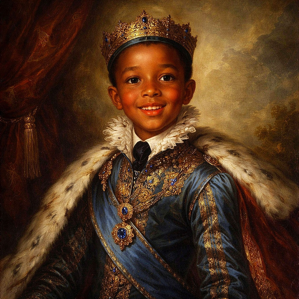 A proud little grad beams with a missing-tooth smile under a shiny blue cap and gown, posing in front of a dramatic starburst backdrop like a tiny superhero in commencement robes.