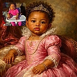 A serious-faced baby in a bright pink polka dot onesie sits confidently in a high chair, hands spread out on the tray, looking like they're ready to negotiate snack time. The cozy living room background adds a warm, homely vibe.