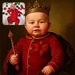 A chubby baby dressed in bright red pajamas lies on a white textured blanket, surrounded by colorful shiny gift bows in red, green, blue, gold, silver, and holographic patterns, looking curiously into the distance.
