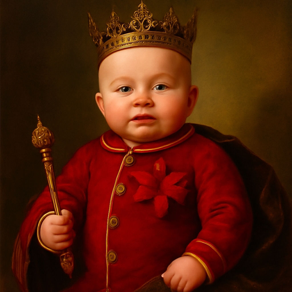 A chubby baby dressed in bright red pajamas lies on a white textured blanket, surrounded by colorful shiny gift bows in red, green, blue, gold, silver, and holographic patterns, looking curiously into the distance.