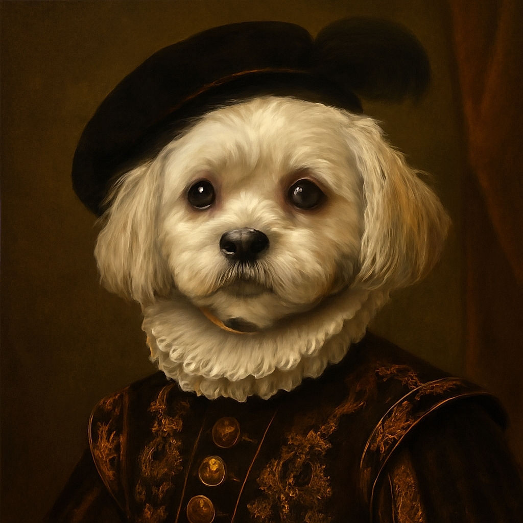 A fluffy white dog with soulful eyes sits patiently on a blue cloth-covered chair, surrounded by a cozy kitchen setting with tiled floors and a floral tablecloth. The dog's slightly blurred face adds a candid charm to the snapshot.