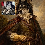 A majestic black and white dog with striking blue eyes lounges comfortably on a cozy blanket and jacket, giving off the vibe of a furry guardian of the living room, with warm fairy lights and a red jacket hanging in the background.