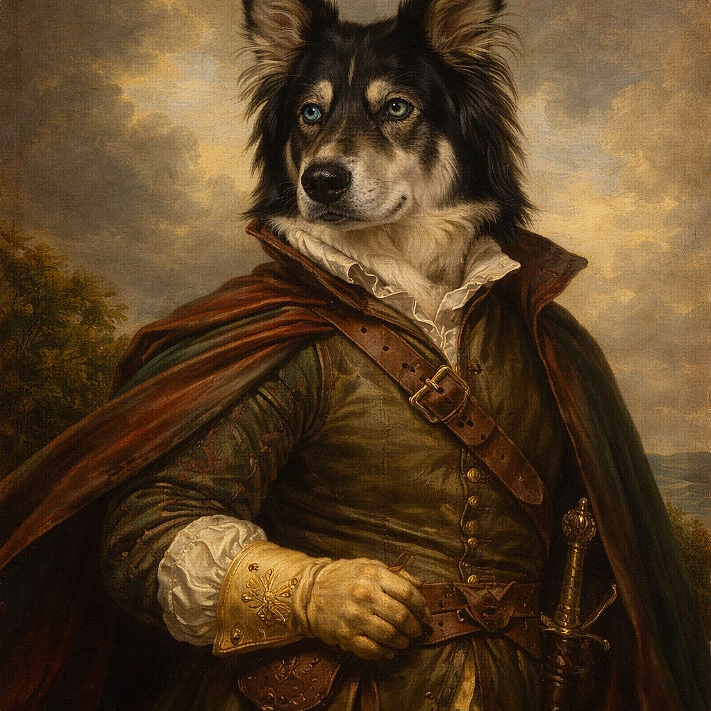 A majestic black and white dog with striking blue eyes lounges comfortably on a cozy blanket and jacket, giving off the vibe of a furry guardian of the living room, with warm fairy lights and a red jacket hanging in the background.