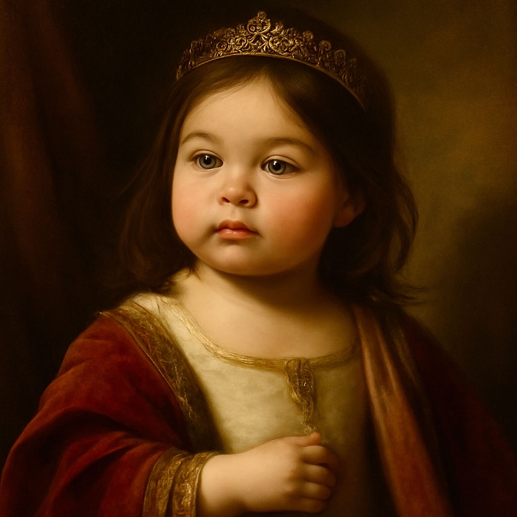 A close-up of an adorable toddler with big curious eyes and slightly messy hair, bathed in warm sunlight that casts playful shadows on their face, with a bright red object and black fabric partially visible in the foreground.