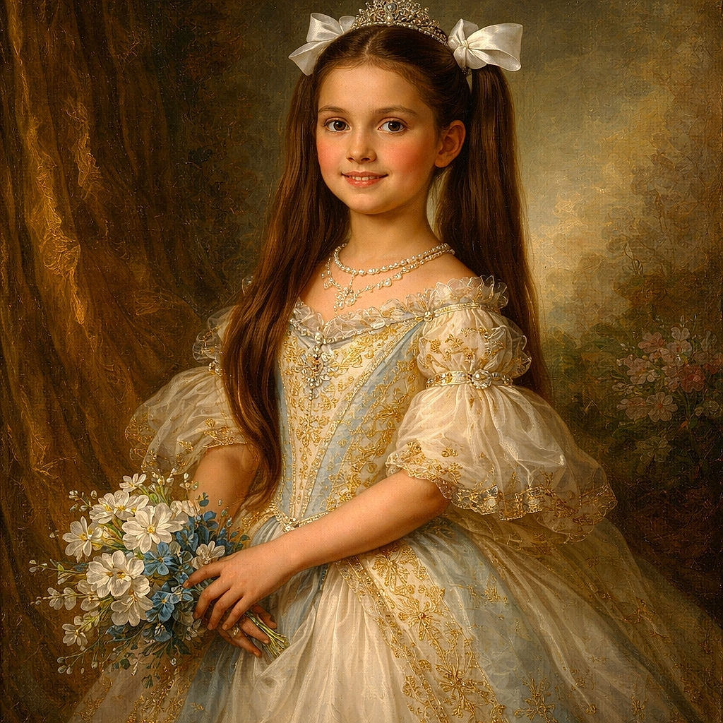 A cheerful young cheerleader strikes a victorious pose on the football field, holding large blue and white pom-poms with a confident smile and playful twin ponytails tied with white bows, ready to rally the crowd.