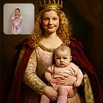 A smiling woman with curly blonde hair is holding a serious-faced baby dressed in pink, standing indoors against a plain beige wall with wooden flooring and a white baseboard.