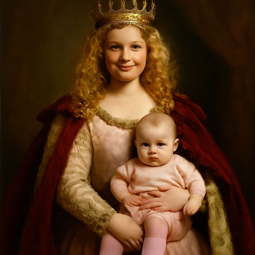 A smiling woman with curly blonde hair is holding a serious-faced baby dressed in pink, standing indoors against a plain beige wall with wooden flooring and a white baseboard.