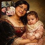 A cozy indoor selfie featuring a smiling older child with glasses and a curious baby dressed in pink, surrounded by comfy furniture and baby gear, capturing a warm family moment.
