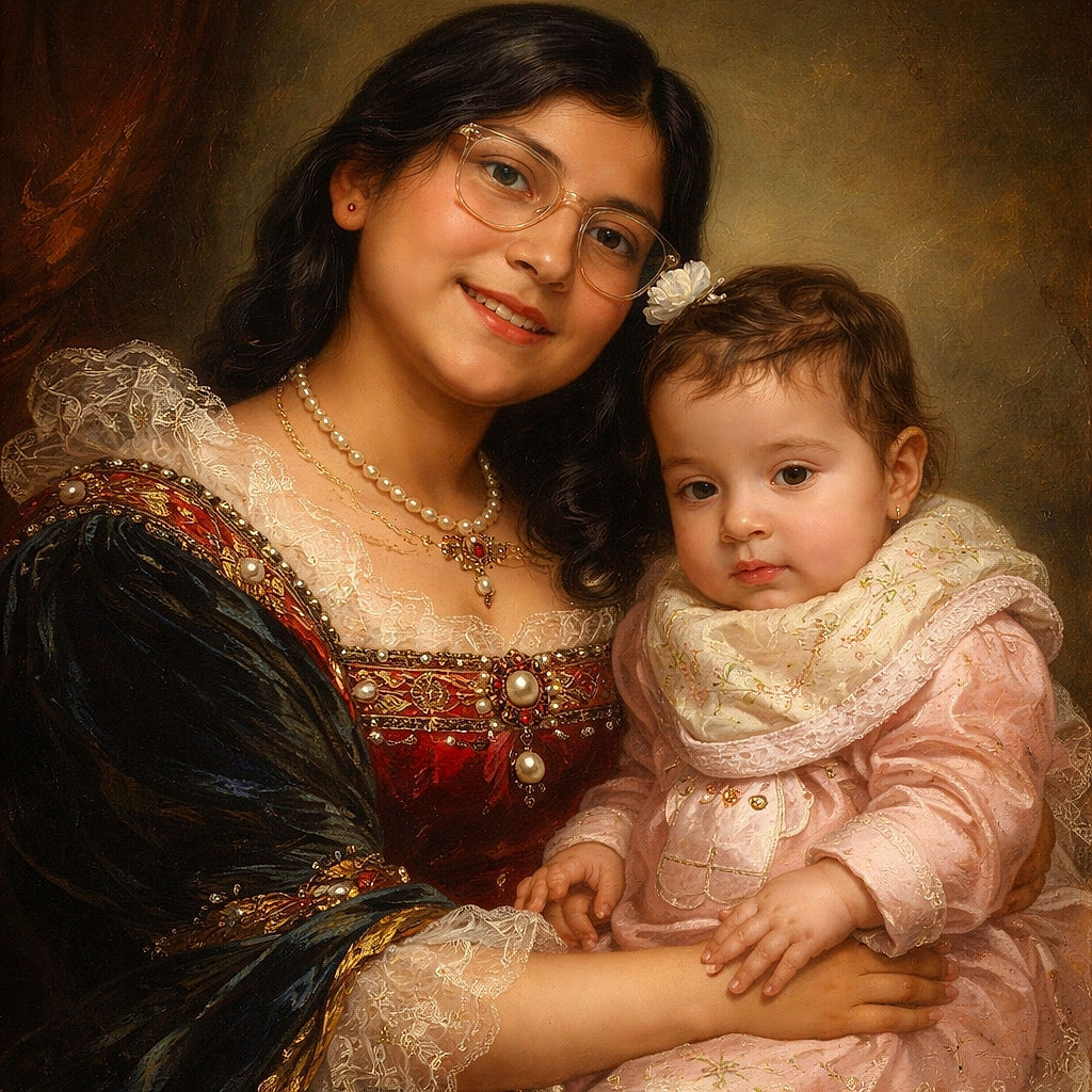 A cozy indoor selfie featuring a smiling older child with glasses and a curious baby dressed in pink, surrounded by comfy furniture and baby gear, capturing a warm family moment.