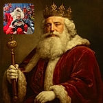 A cheerful baby wearing a festive 'Joyeux Noël' sweater sits on Santa's lap, with Santa's big white beard and red suit contrasting the bright red chair. The background is a colorful Christmas-themed mural featuring animated characters and presents, adding a whimsical holiday vibe.