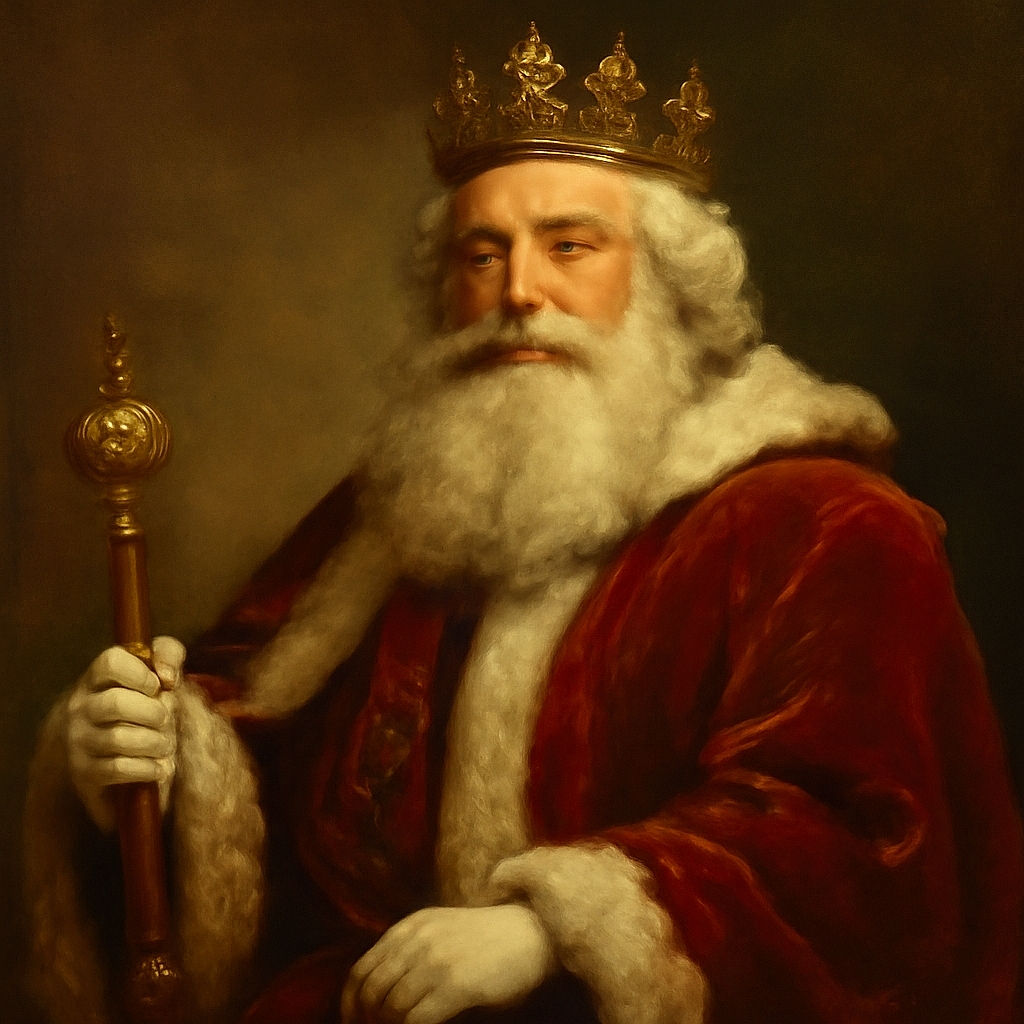 A cheerful baby wearing a festive 'Joyeux Noël' sweater sits on Santa's lap, with Santa's big white beard and red suit contrasting the bright red chair. The background is a colorful Christmas-themed mural featuring animated characters and presents, adding a whimsical holiday vibe.