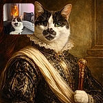 A tuxedo cat with a dramatic natural 'mustache' lounges on a grey blanket in front of a roaring wood stove, one paw tucked under and eyes wide as if judging your snack choices — pure cozy villain energy warmed by firelight.