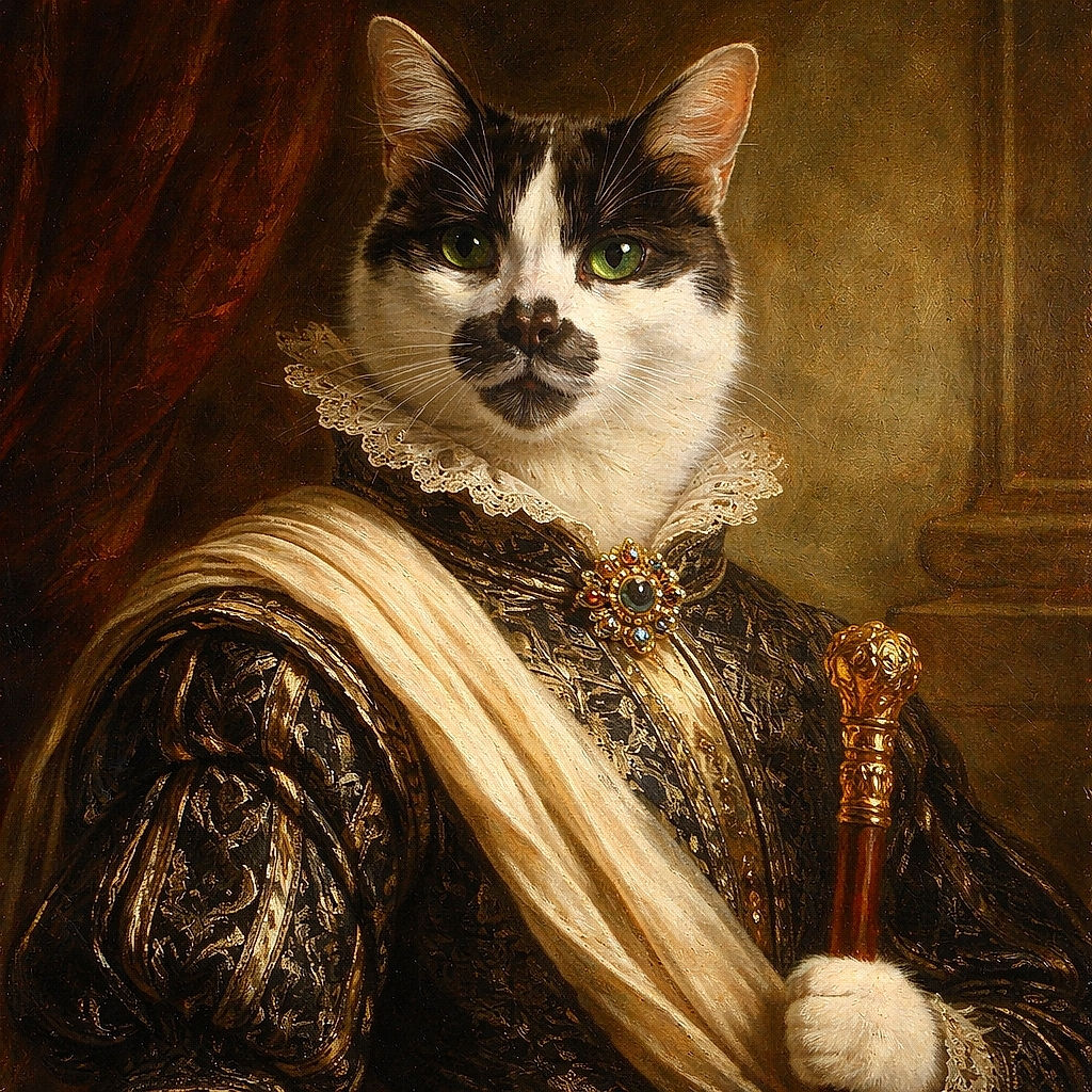 A tuxedo cat with a dramatic natural 'mustache' lounges on a grey blanket in front of a roaring wood stove, one paw tucked under and eyes wide as if judging your snack choices — pure cozy villain energy warmed by firelight.