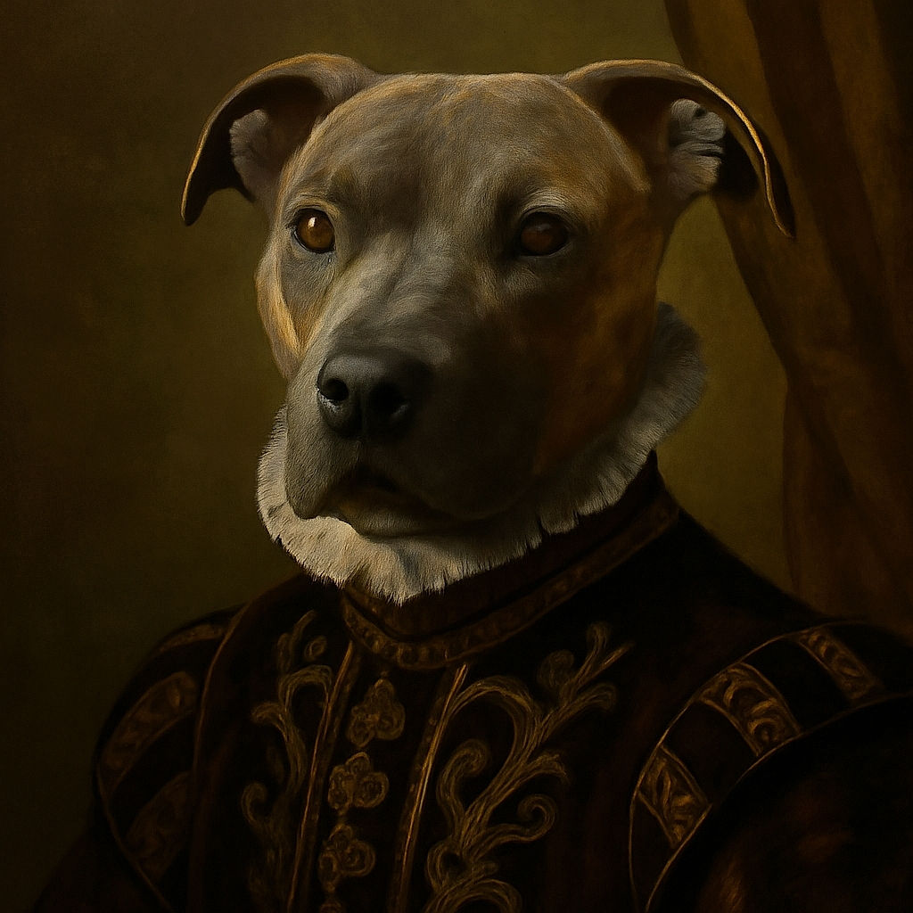A handsome brindle dog lounges comfortably on a colorful blanket-covered bed, gazing curiously at the camera with soulful eyes. The background features a wavy mirror and a softly lit room, adding a cozy vibe to the portrait.