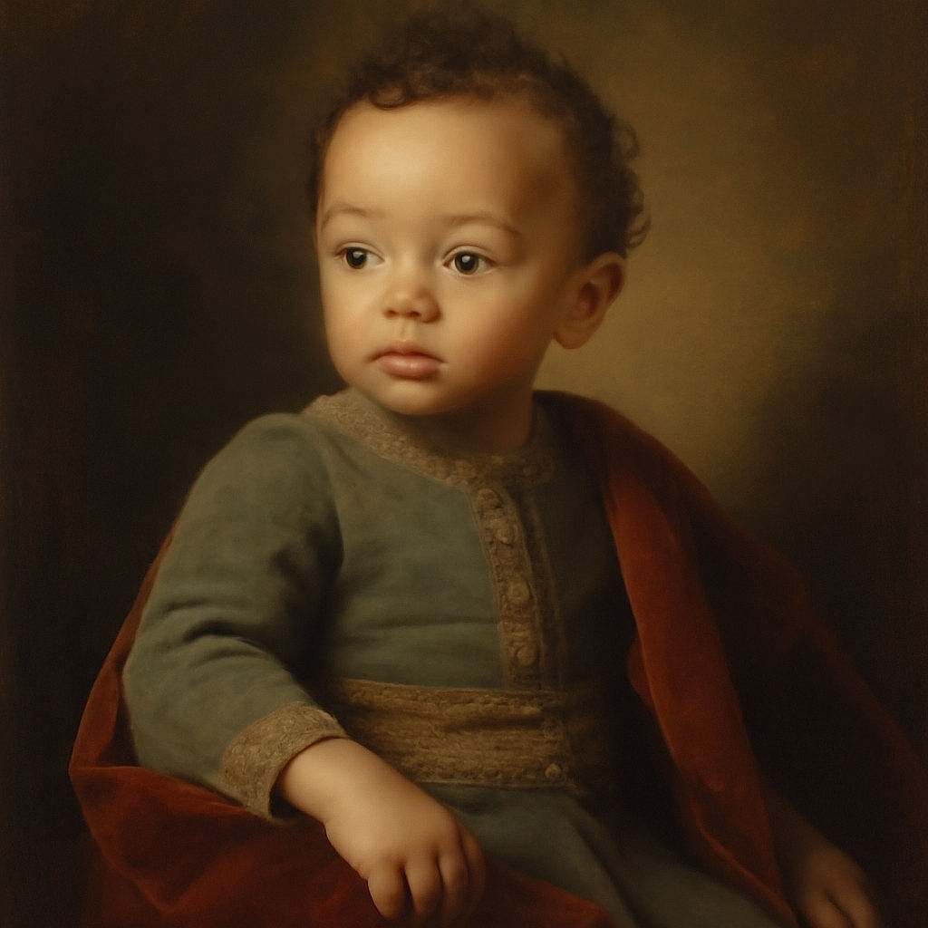 A curious toddler in cozy pajamas sits on a couch, looking off to the side with a thoughtful expression, while a colorful blanket peeks from the background.