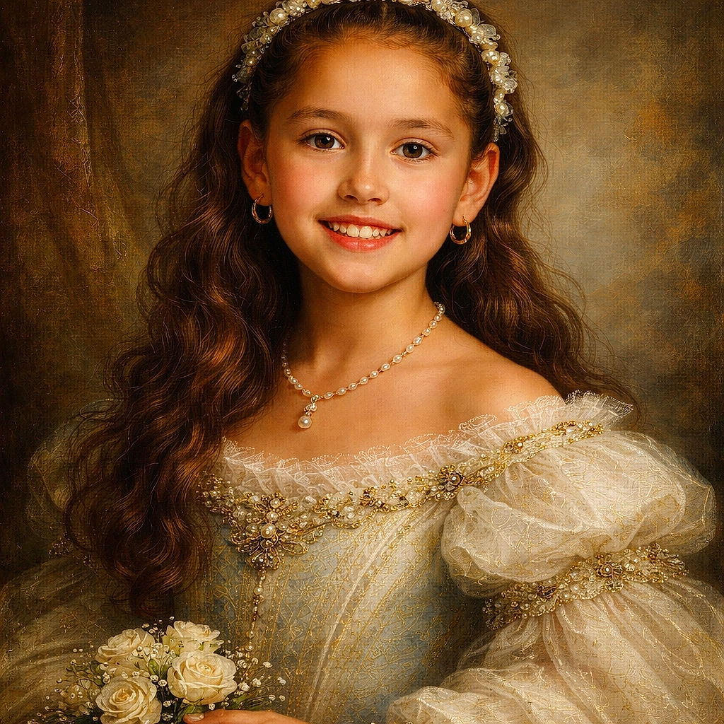 A cheerful young girl with a pearl and flower headband smiles brightly, showing her charming gap-toothed grin. She wears gold hoop earrings and a white collared shirt, set against a soft purple background that makes her warm complexion pop.