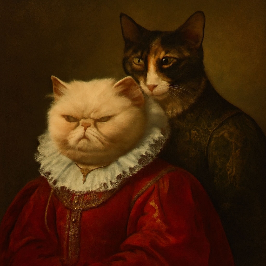 Two cats are cuddled up on a soft surface, one with eyes closed and the other seemingly nuzzling its companion, creating a cozy and heartwarming scene despite the low lighting and slight blurriness.