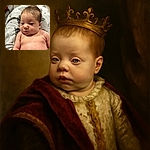 A close-up photo of a chubby baby lying on a cozy patterned blanket, with a slightly curious expression and tousled hair, surrounded by a softly blurred home interior.