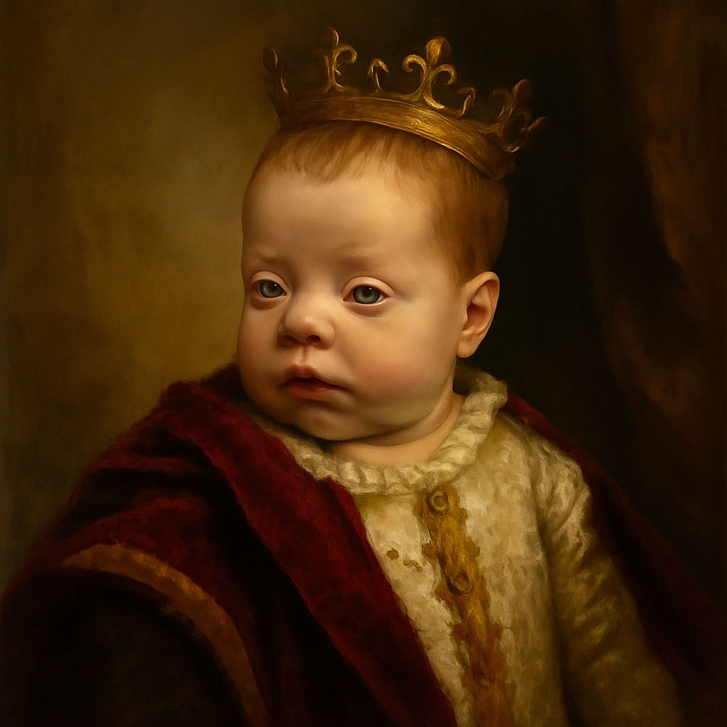 A close-up photo of a chubby baby lying on a cozy patterned blanket, with a slightly curious expression and tousled hair, surrounded by a softly blurred home interior.