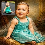 A joyful baby in a turquoise dress sits happily on a black trampoline outdoors, with a playful background of garden toys and greenery, capturing a moment of pure toddler delight.