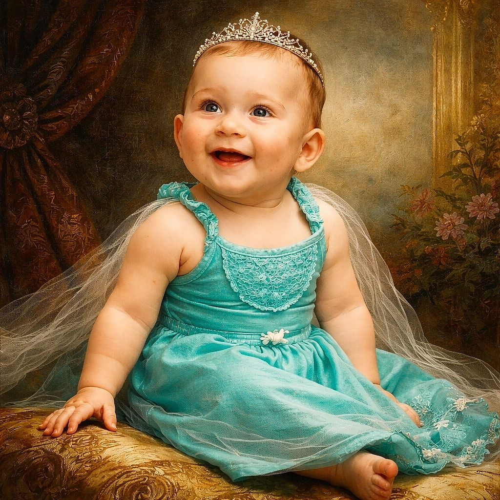 A joyful baby in a turquoise dress sits happily on a black trampoline outdoors, with a playful background of garden toys and greenery, capturing a moment of pure toddler delight.