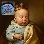 A peaceful sleeping baby bundled up in a cozy blue outfit with star patterns, nestled comfortably in a padded grey stroller with the brand name 'Silver Cross' visible on the front flap.