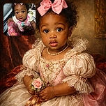 A wide-eyed baby with a huge pink bow on her head looks up with an adorable surprised expression, sitting in a colorful floral-patterned baby seat. The lighting highlights her smooth skin and shiny eyes, while the background is cluttered but out of focus.