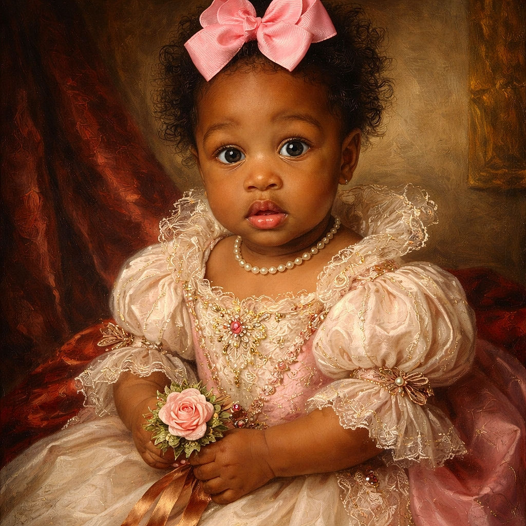 A wide-eyed baby with a huge pink bow on her head looks up with an adorable surprised expression, sitting in a colorful floral-patterned baby seat. The lighting highlights her smooth skin and shiny eyes, while the background is cluttered but out of focus.