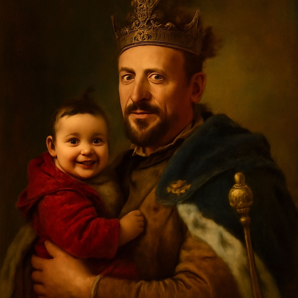 A joyful baby bundled in a red hoodie is being warmly embraced by a man with a top knot, both sharing a happy moment on a cozy black couch with a slightly blurred home background.