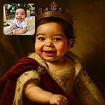 A charming baby with sparkling eyes and a big smile is lying on a soft blanket in front of a festively decorated Christmas tree, spreading holiday cheer with every giggle.