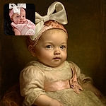 A chubby-cheeked baby dressed in a fancy pink outfit with lace and a big white bow headband looks off-camera with an adorable pout, set against a black background that makes the baby the star of the show.