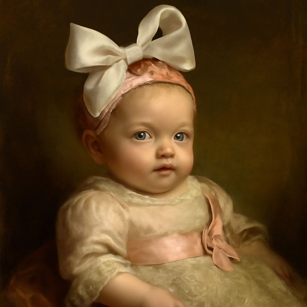 A chubby-cheeked baby dressed in a fancy pink outfit with lace and a big white bow headband looks off-camera with an adorable pout, set against a black background that makes the baby the star of the show.