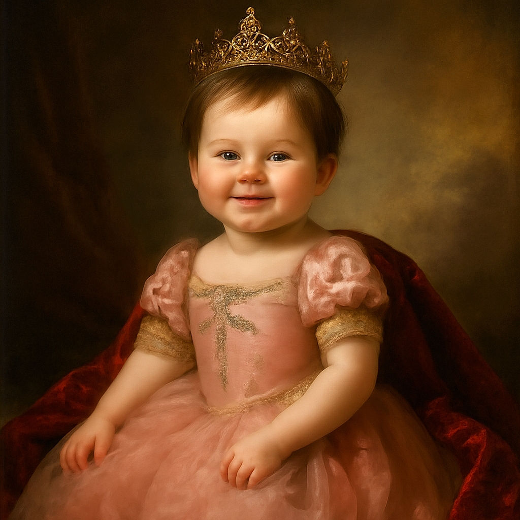 A joyful baby girl in a frilly pink tutu is sitting on a rustic white wooden bench surrounded by colorful artificial flowers, with a book open at her feet, beaming a toothy smile that lights up the scene.