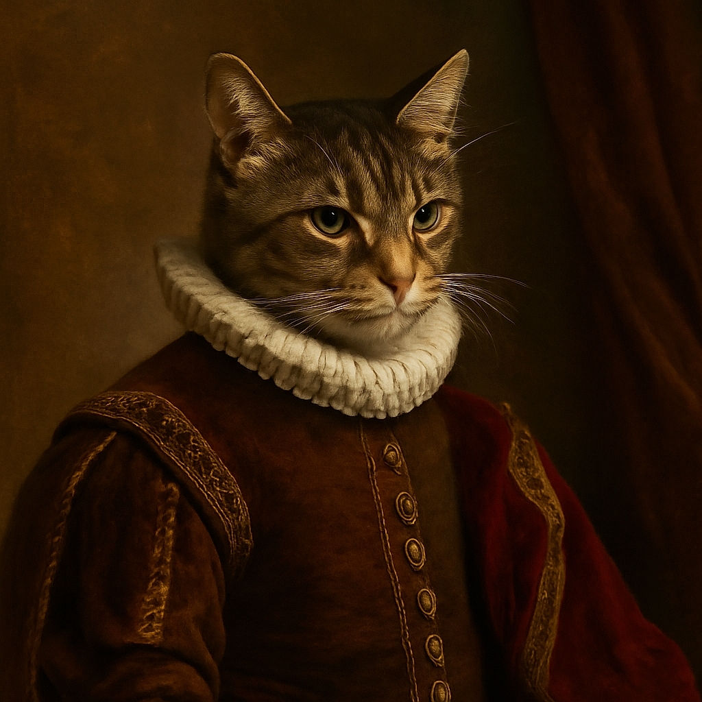 A cozy tabby cat is curled up on a gray office chair, looking slightly pensive with its ears perked up. The background shows a glass door with a glimpse of a backyard, giving a warm indoor-outdoor vibe.