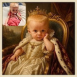 A wide-eyed baby lounges like a tiny royal on a mountain of pillows, sporting a polka-dot outfit and pacifier while one little hand reaches out for a friendly high-five.